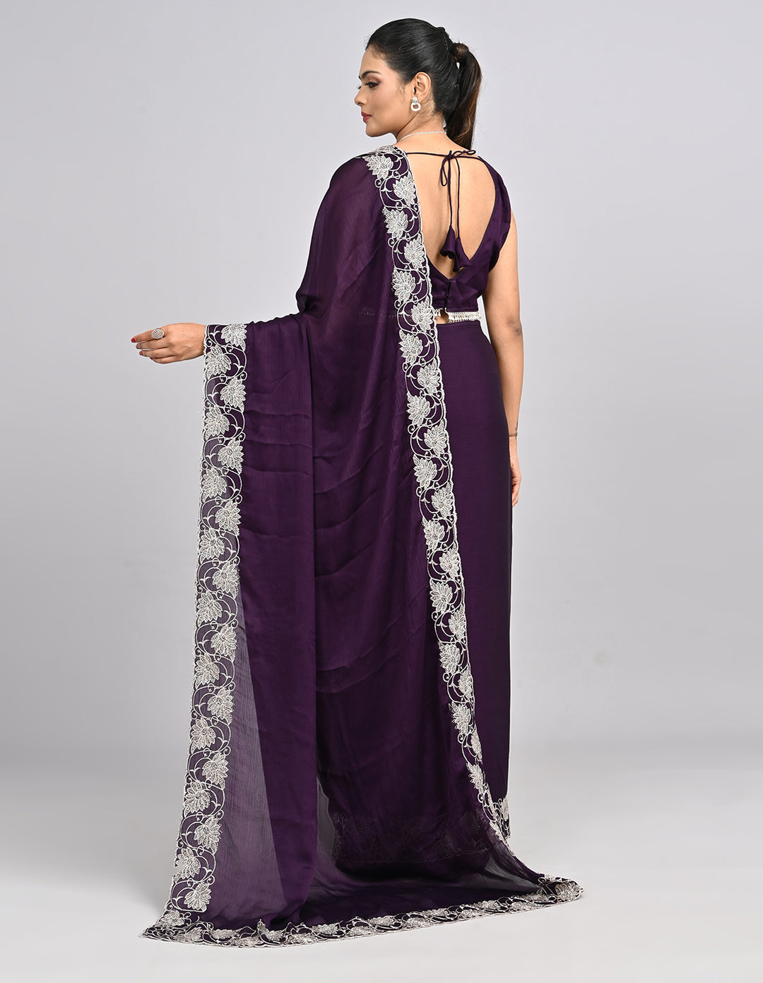 Aayira – Purple Chinnon Saree with Thread Embroidery Border & Self-Coloured Blouse | Fazals