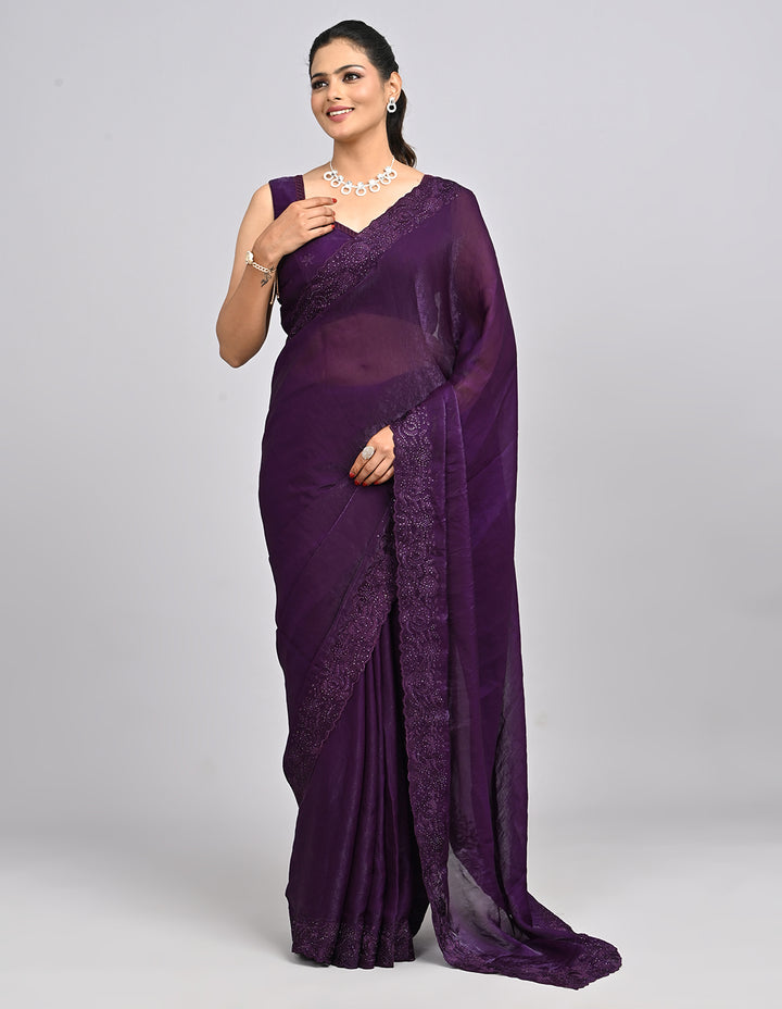 Raahi – Wine Organza Saree with Coding & Mirror Work | Fazals
