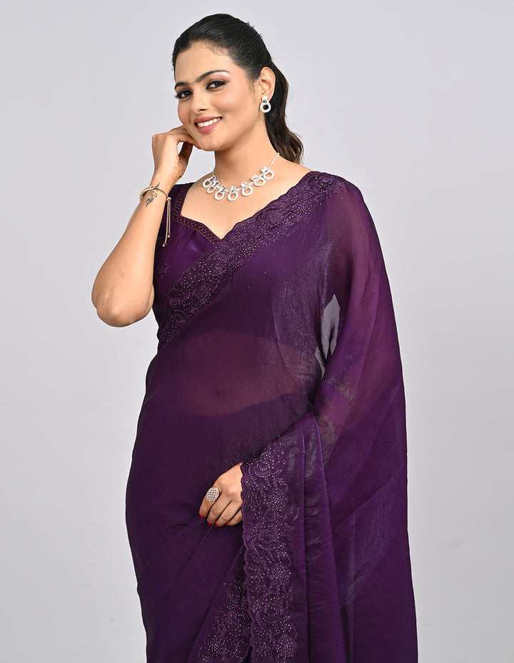 Raahi – Wine Organza Saree with Coding & Mirror Work | Fazals