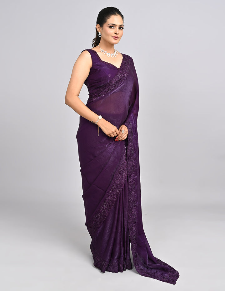 Raahi – Wine Organza Saree with Coding & Mirror Work | Fazals