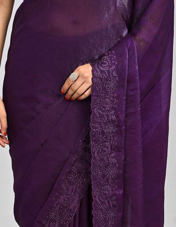 Raahi – Wine Organza Saree with Coding & Mirror Work | Fazals