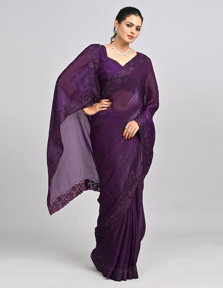 Raahi – Wine Organza Saree with Coding & Mirror Work | Fazals