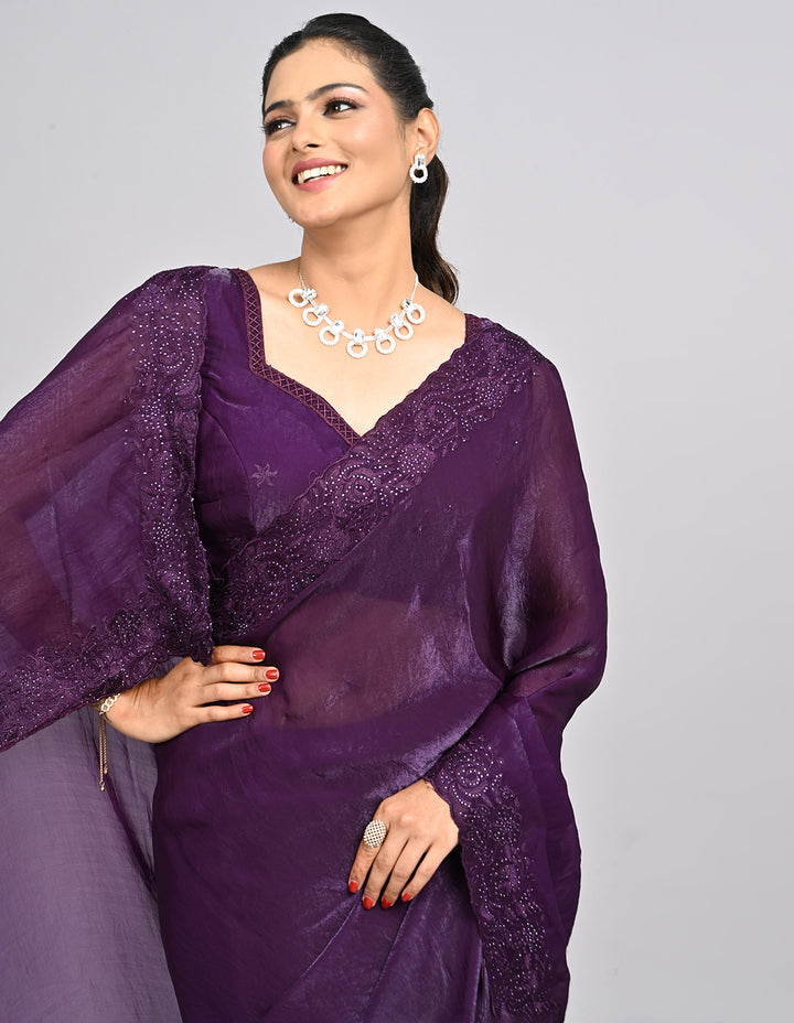 Raahi – Wine Organza Saree with Coding & Mirror Work | Fazals