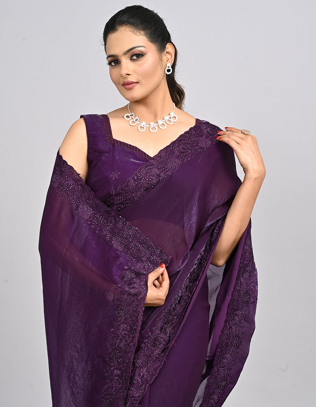 Raahi – Wine Organza Saree with Coding & Mirror Work | Fazals