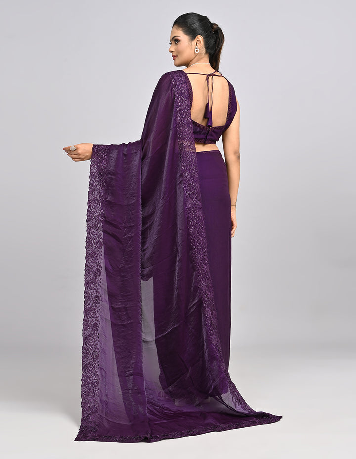 Raahi – Wine Organza Saree with Coding & Mirror Work | Fazals