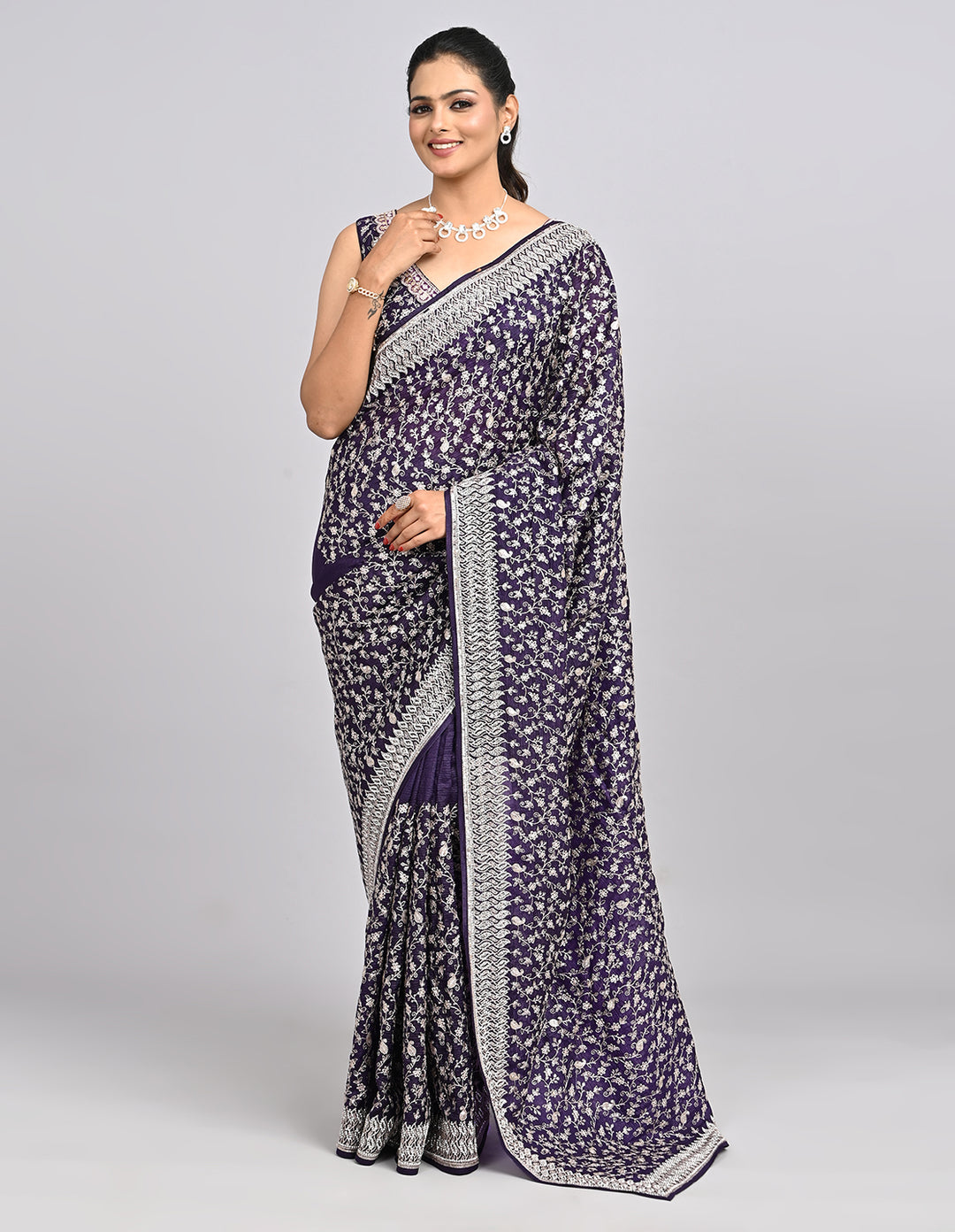 Raaya – Deep Purple Silk Saree with Zari & Sequin Embroidery | Fazals