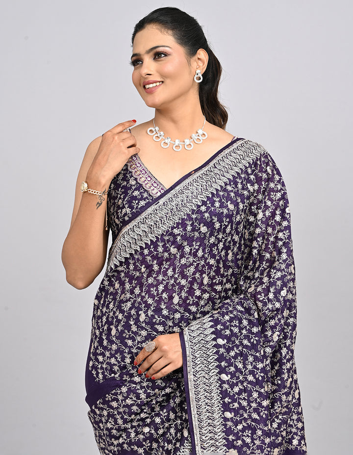 Raaya – Deep Purple Silk Saree with Zari & Sequin Embroidery | Fazals