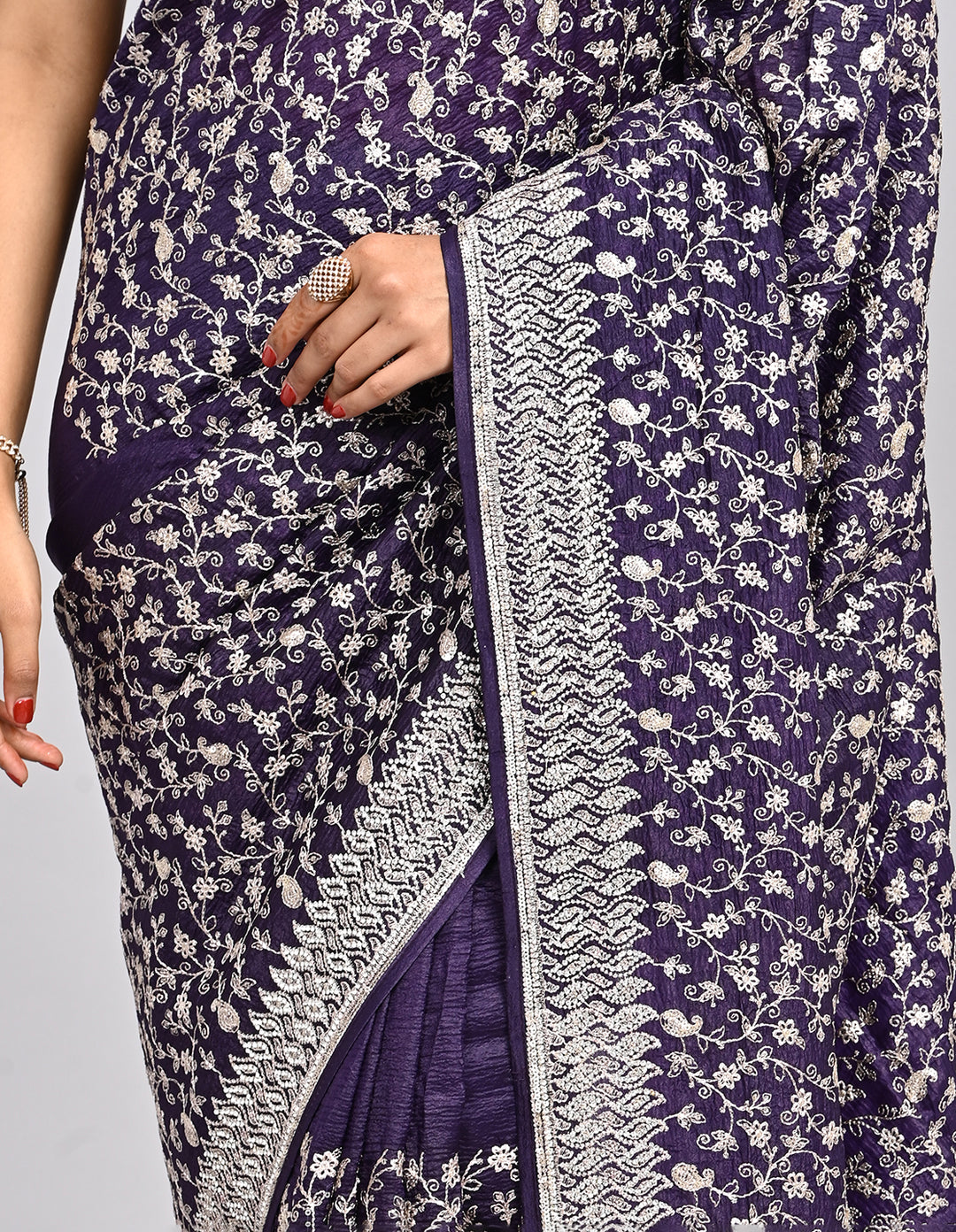 Raaya – Deep Purple Silk Saree with Zari & Sequin Embroidery | Fazals