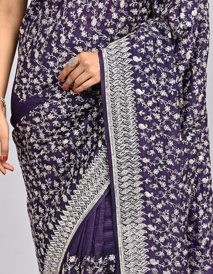Raaya – Deep Purple Silk Saree with Zari & Sequin Embroidery | Fazals
