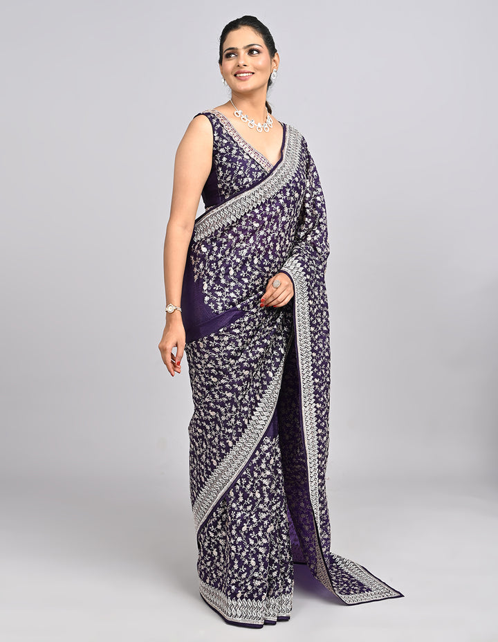 Raaya – Deep Purple Silk Saree with Zari & Sequin Embroidery | Fazals