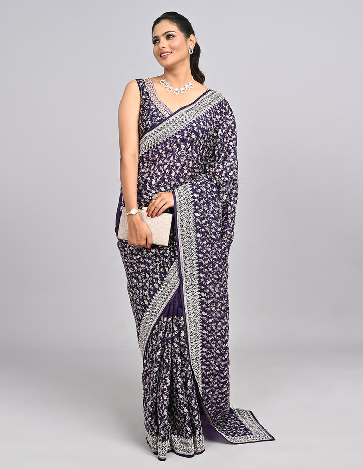 Raaya – Deep Purple Silk Saree with Zari & Sequin Embroidery | Fazals