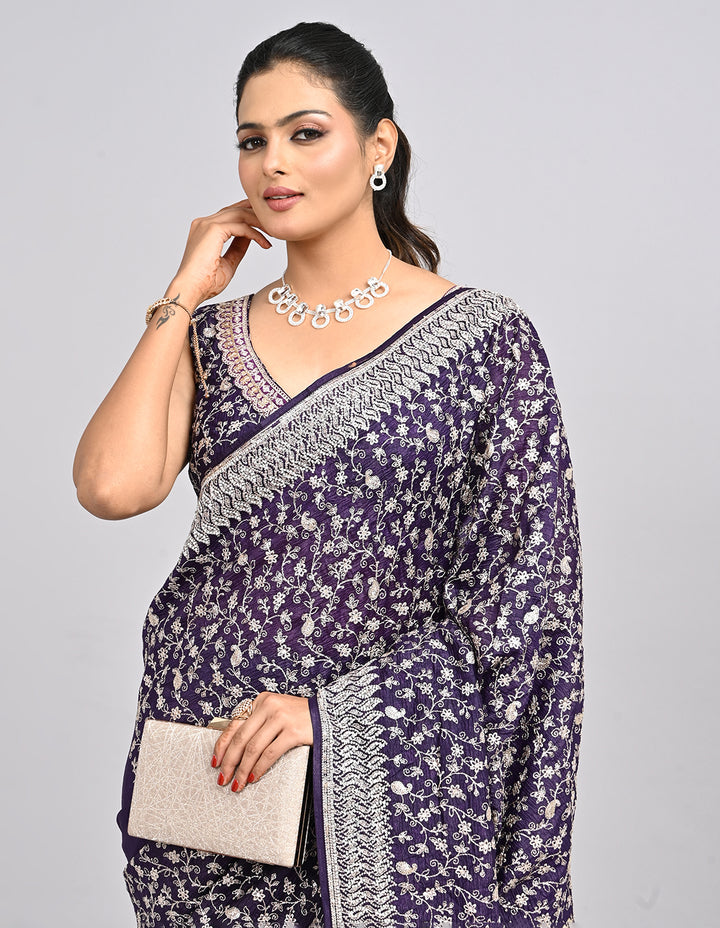 Raaya – Deep Purple Silk Saree with Zari & Sequin Embroidery | Fazals