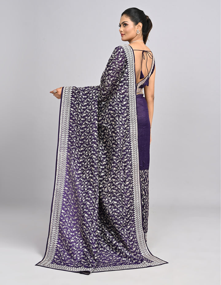 Raaya – Deep Purple Silk Saree with Zari & Sequin Embroidery | Fazals