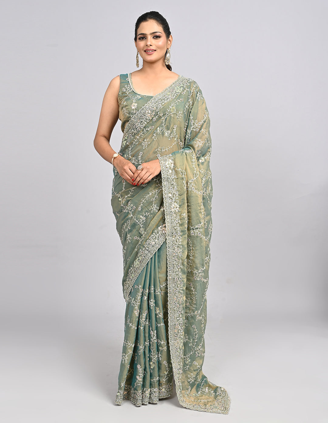 Aarunya – Green Organza Saree with Coding & Sequin Embroidery | Fazals
