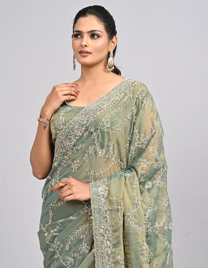 Aarunya – Green Organza Saree with Coding & Sequin Embroidery | Fazals