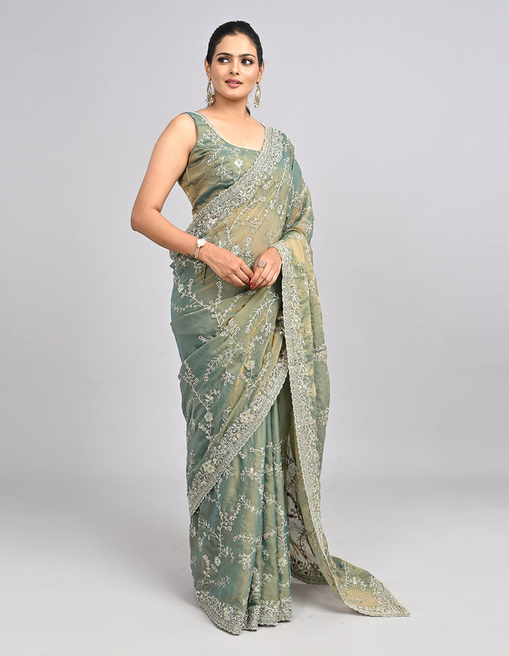 Aarunya – Green Organza Saree with Coding & Sequin Embroidery | Fazals