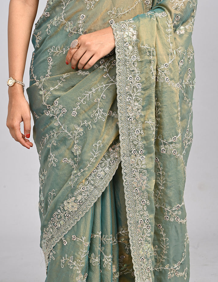Aarunya – Green Organza Saree with Coding & Sequin Embroidery | Fazals