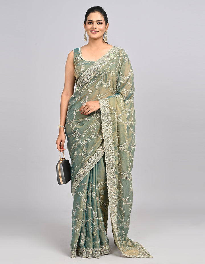Aarunya – Green Organza Saree with Coding & Sequin Embroidery | Fazals