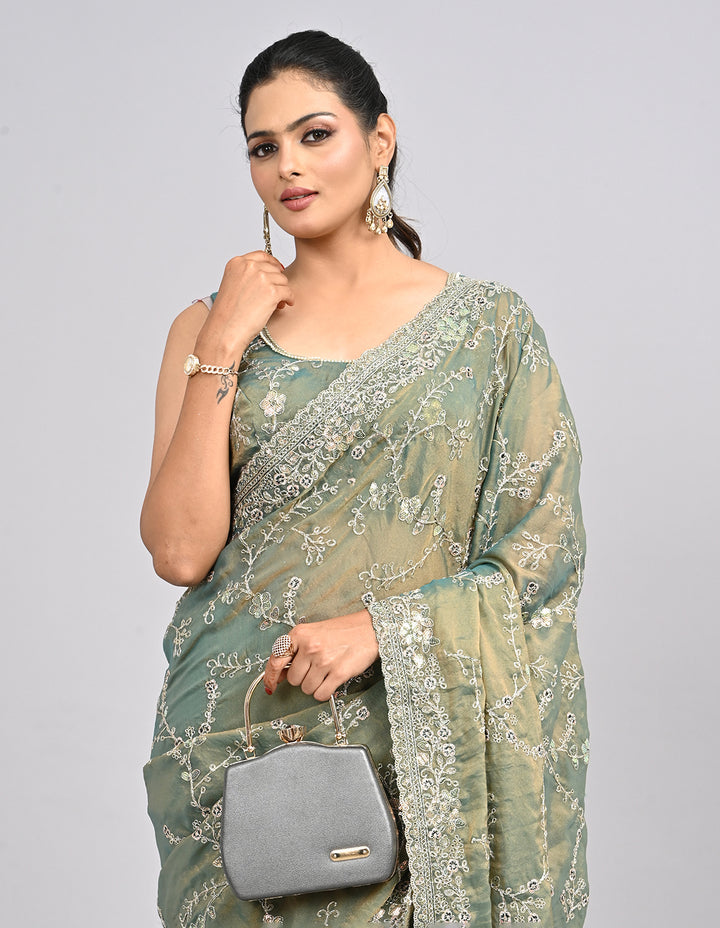 Aarunya – Green Organza Saree with Coding & Sequin Embroidery | Fazals