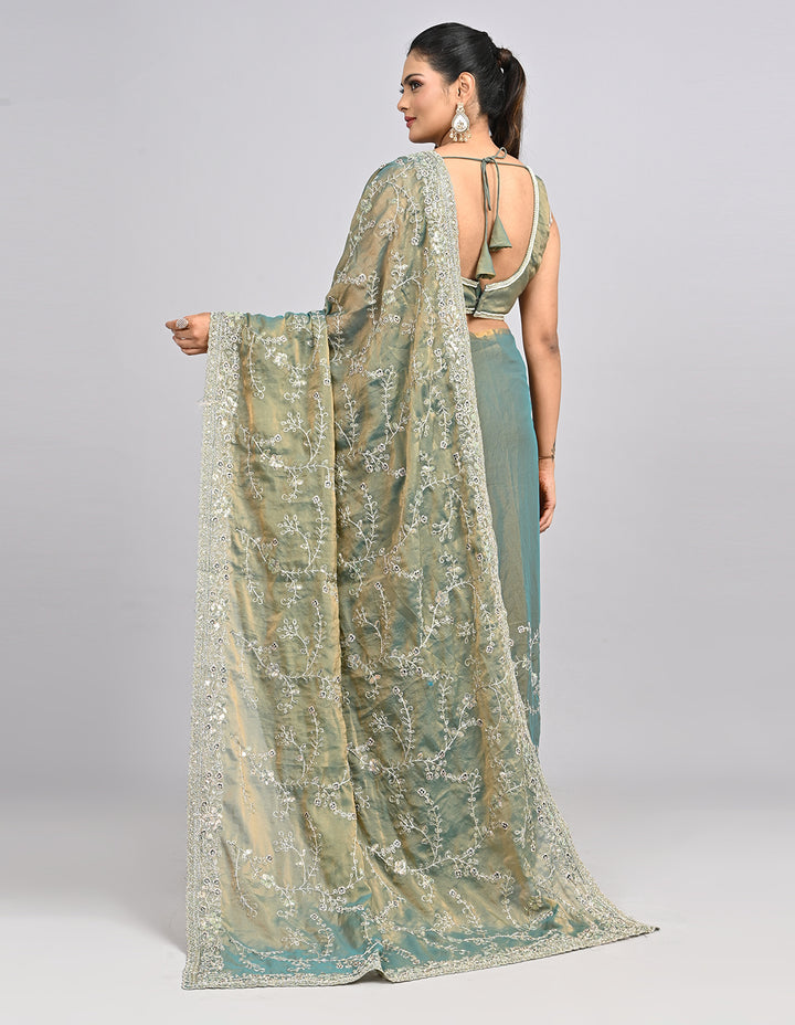Aarunya – Green Organza Saree with Coding & Sequin Embroidery | Fazals