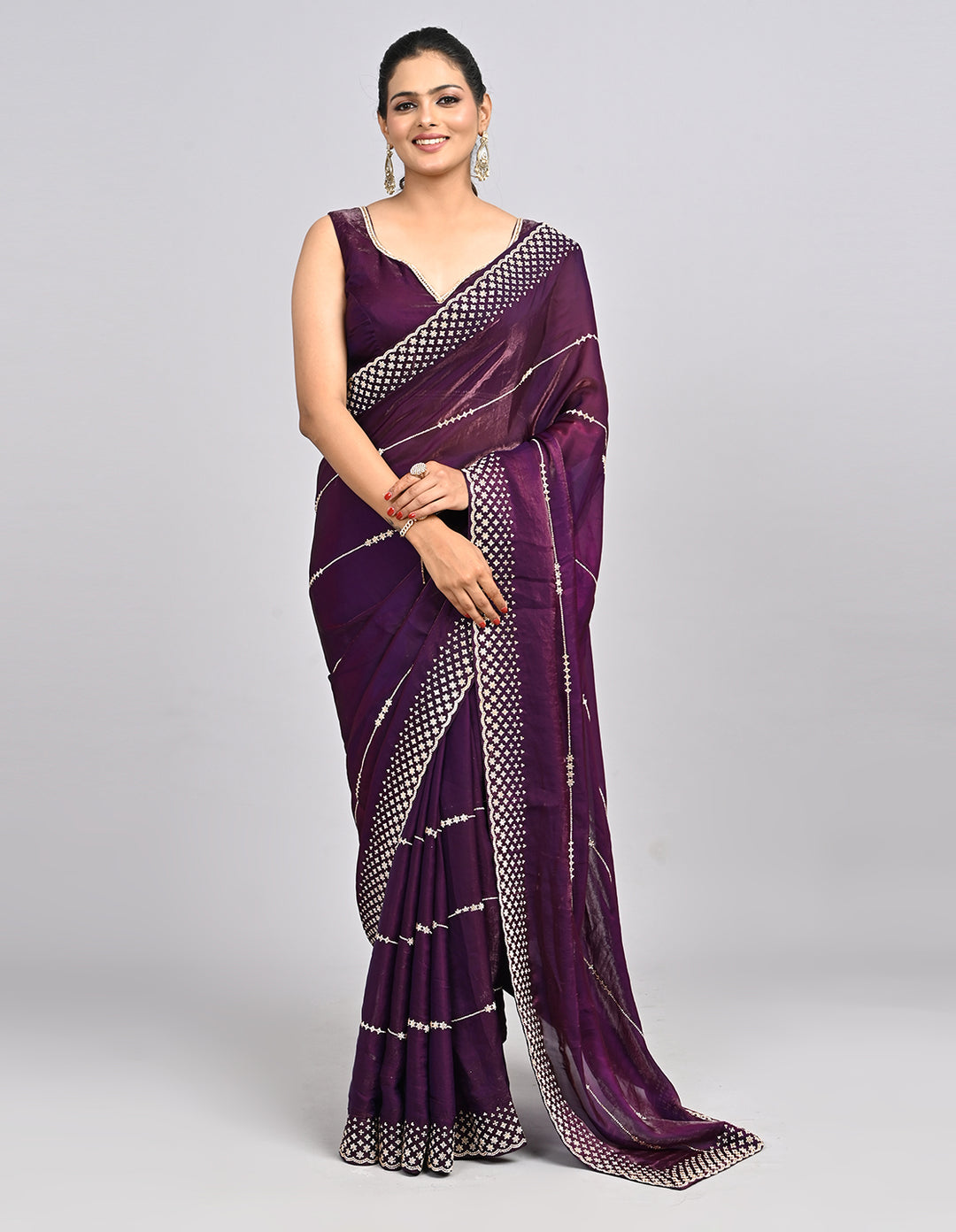 Mehr – Wine Organza Saree with Stonework & Self-Coloured Blouse | Fazals