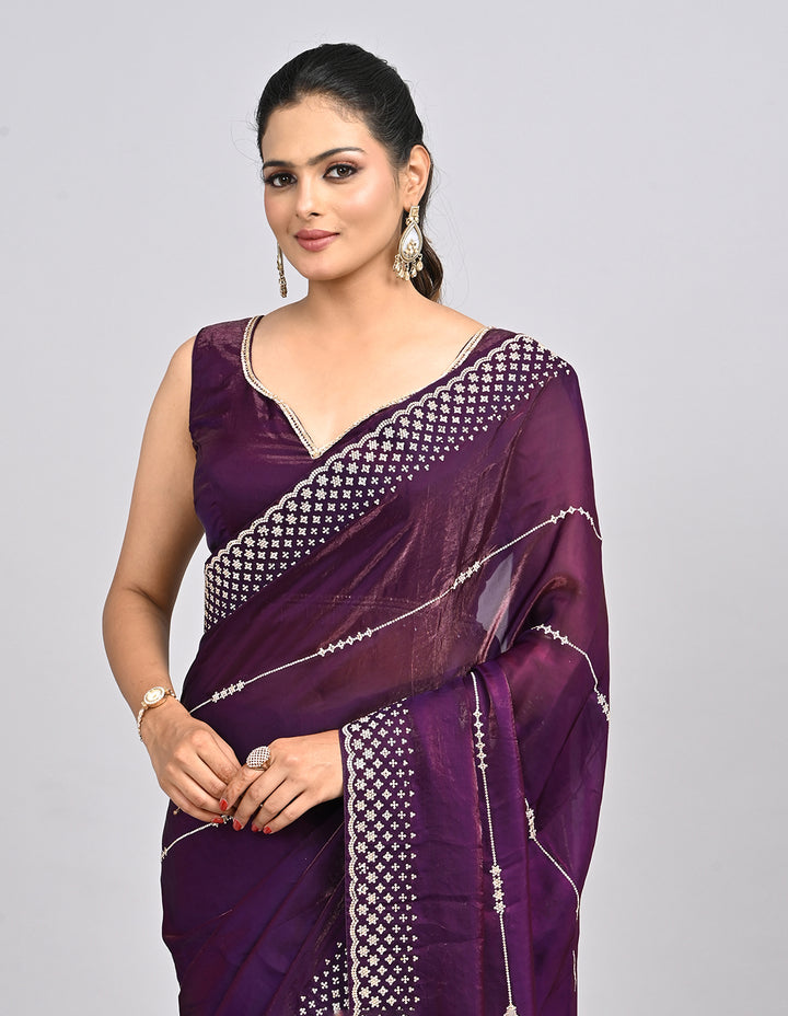 Mehr – Wine Organza Saree with Stonework & Self-Coloured Blouse | Fazals