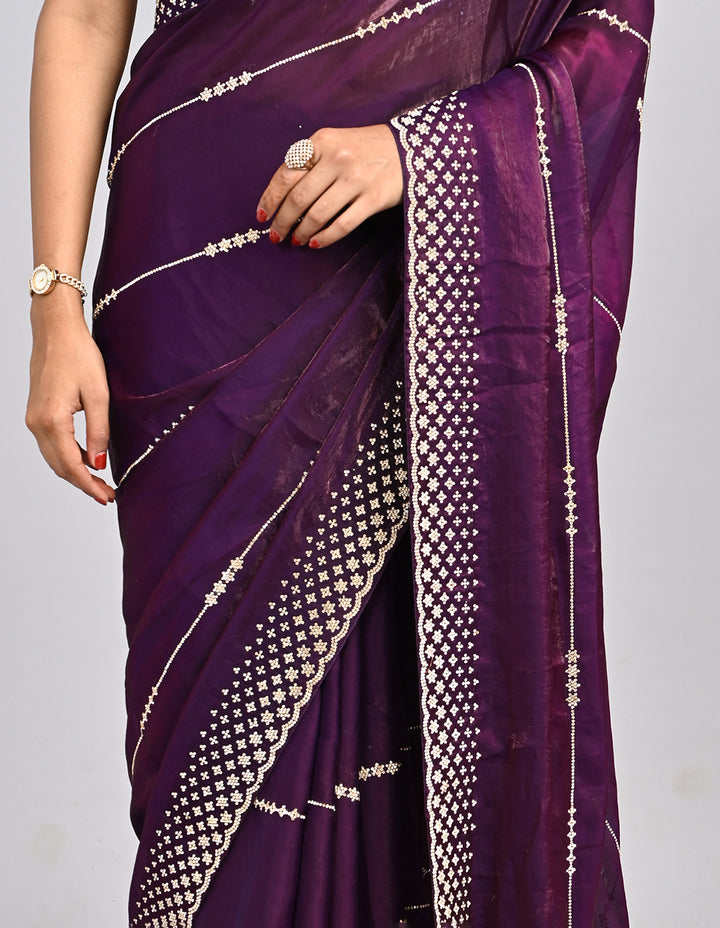 Mehr – Wine Organza Saree with Stonework & Self-Coloured Blouse | Fazals