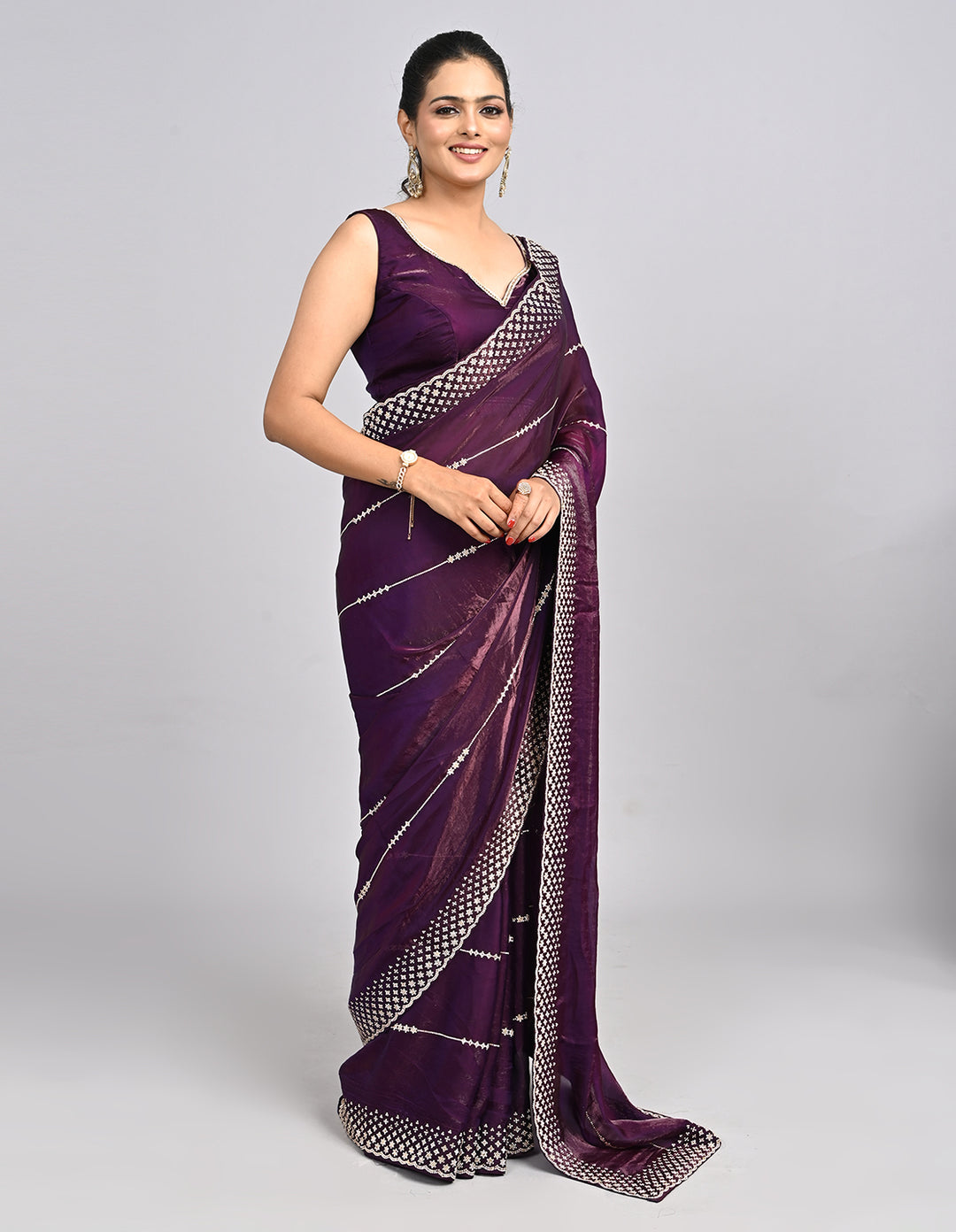 Mehr – Wine Organza Saree with Stonework & Self-Coloured Blouse | Fazals