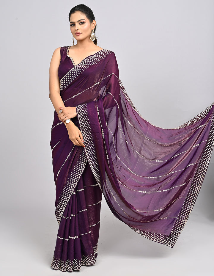 Mehr – Wine Organza Saree with Stonework & Self-Coloured Blouse | Fazals
