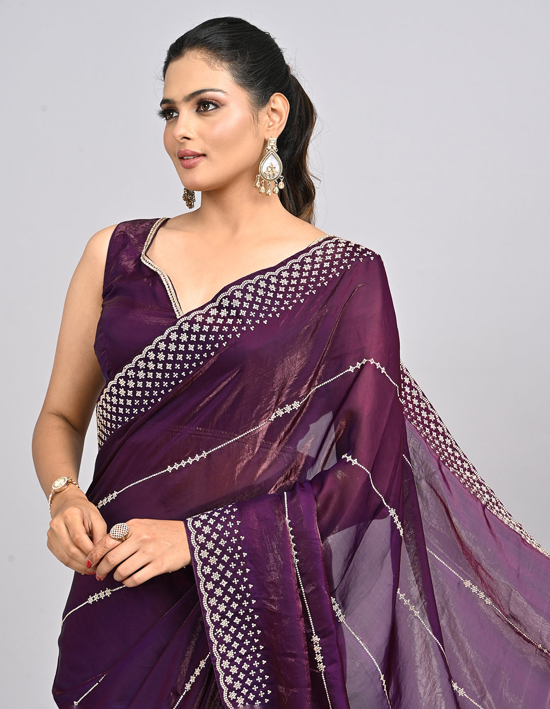 Mehr – Wine Organza Saree with Stonework & Self-Coloured Blouse | Fazals