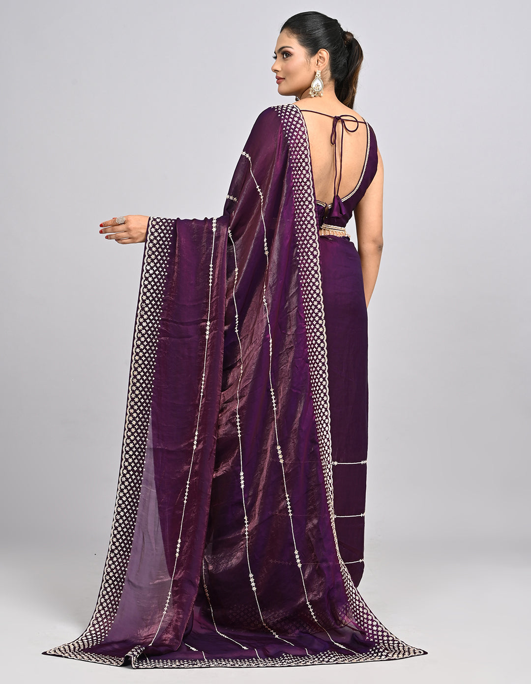 Mehr – Wine Organza Saree with Stonework & Self-Coloured Blouse | Fazals
