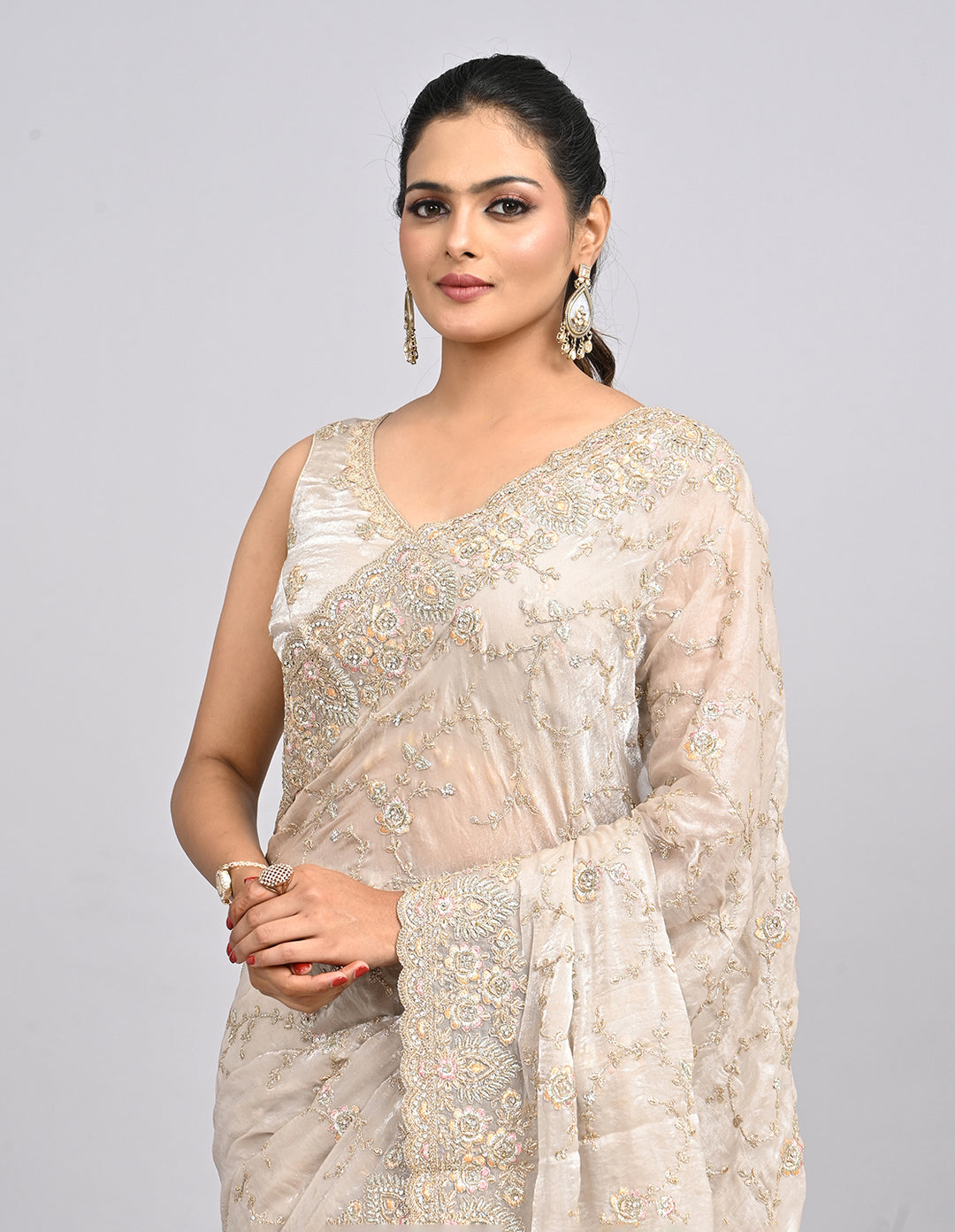 Zehra – Blush Pink Organza Saree with Thread & Stone Embroidery | Fazals