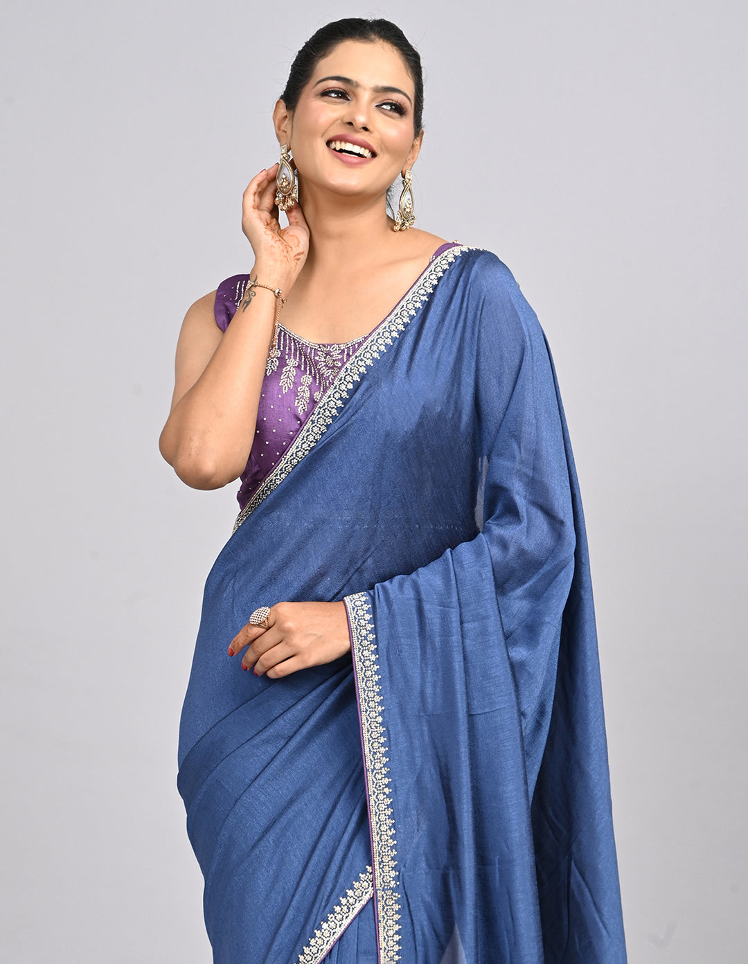Inaaya – Blue Silk Saree with Swarovski Border & Self-Coloured Blouse | Fazals