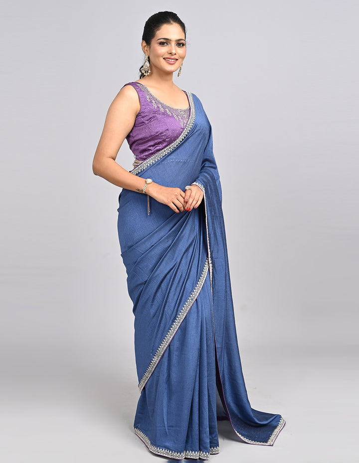 Inaaya – Blue Silk Saree with Swarovski Border & Self-Coloured Blouse | Fazals