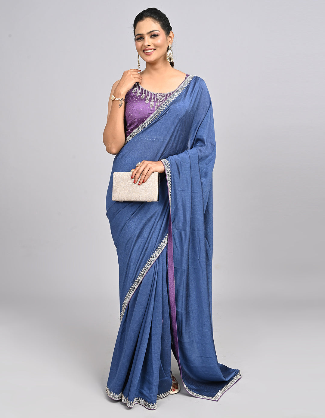 Inaaya – Blue Silk Saree with Swarovski Border & Self-Coloured Blouse | Fazals