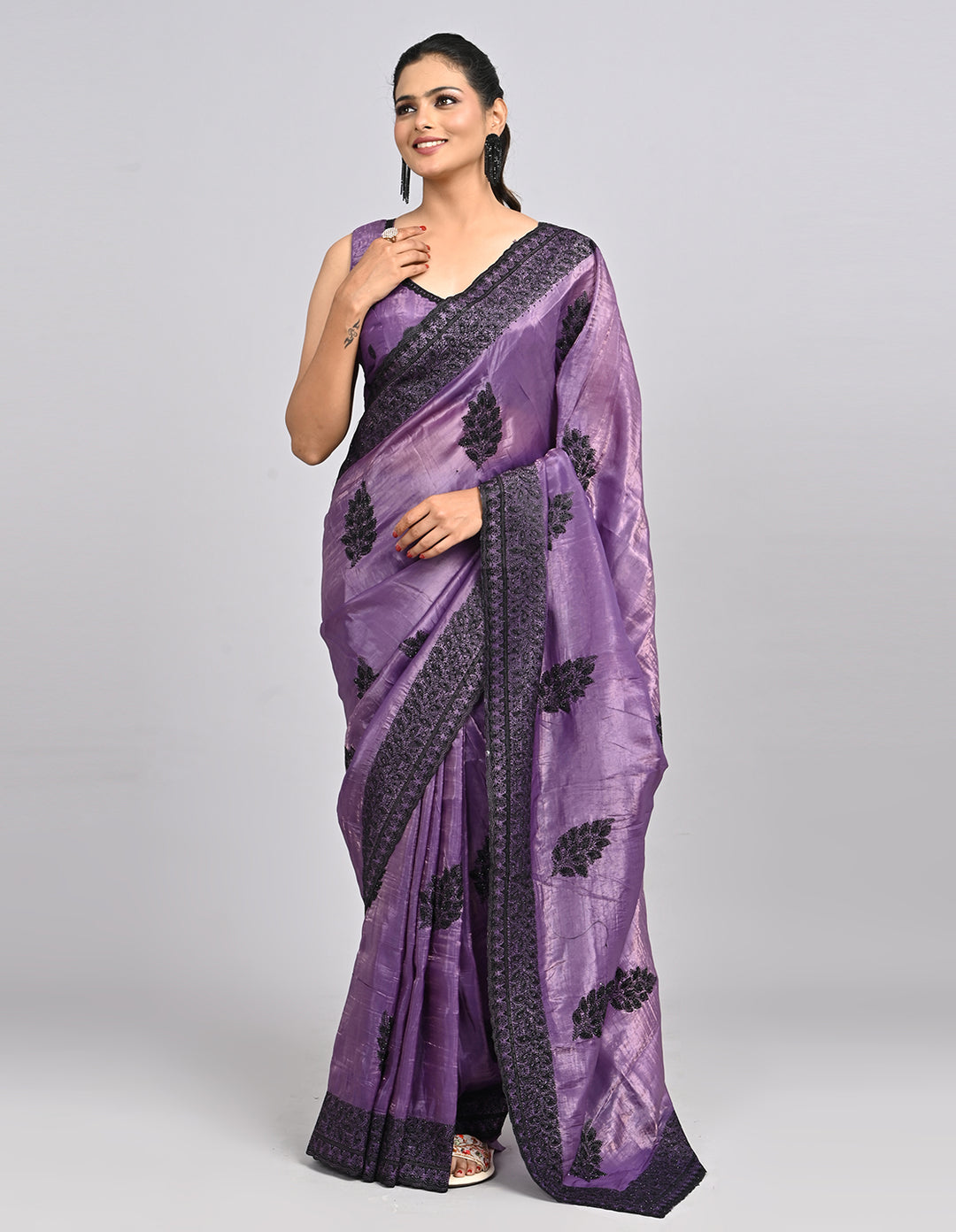 Keya – Purple Satin Saree with Intricate Thread Embroidery | Fazals