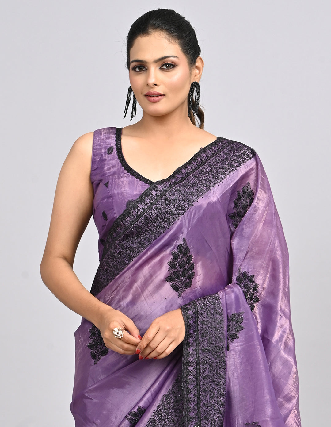 Keya – Purple Satin Saree with Intricate Thread Embroidery | Fazals