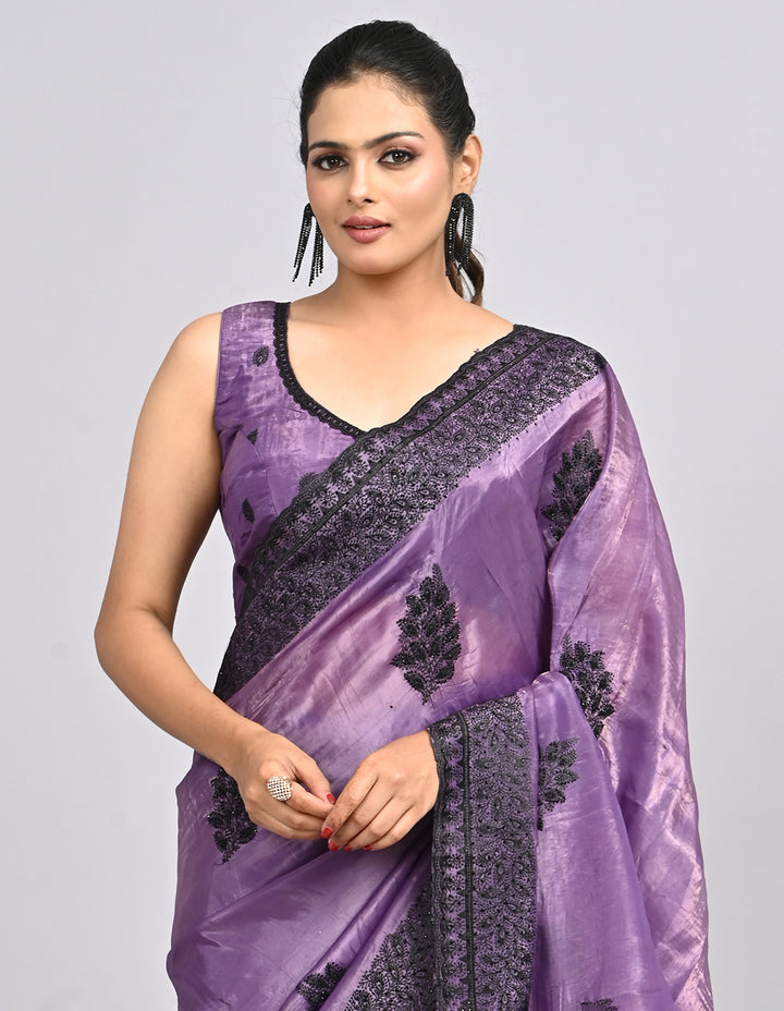 Keya – Purple Satin Saree with Intricate Thread Embroidery | Fazals
