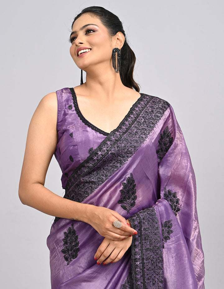 Keya – Purple Satin Saree with Intricate Thread Embroidery | Fazals