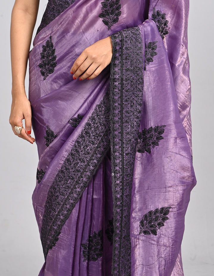 Keya – Purple Satin Saree with Intricate Thread Embroidery | Fazals