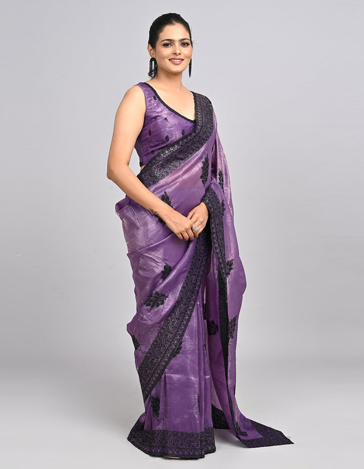 Keya – Purple Satin Saree with Intricate Thread Embroidery | Fazals
