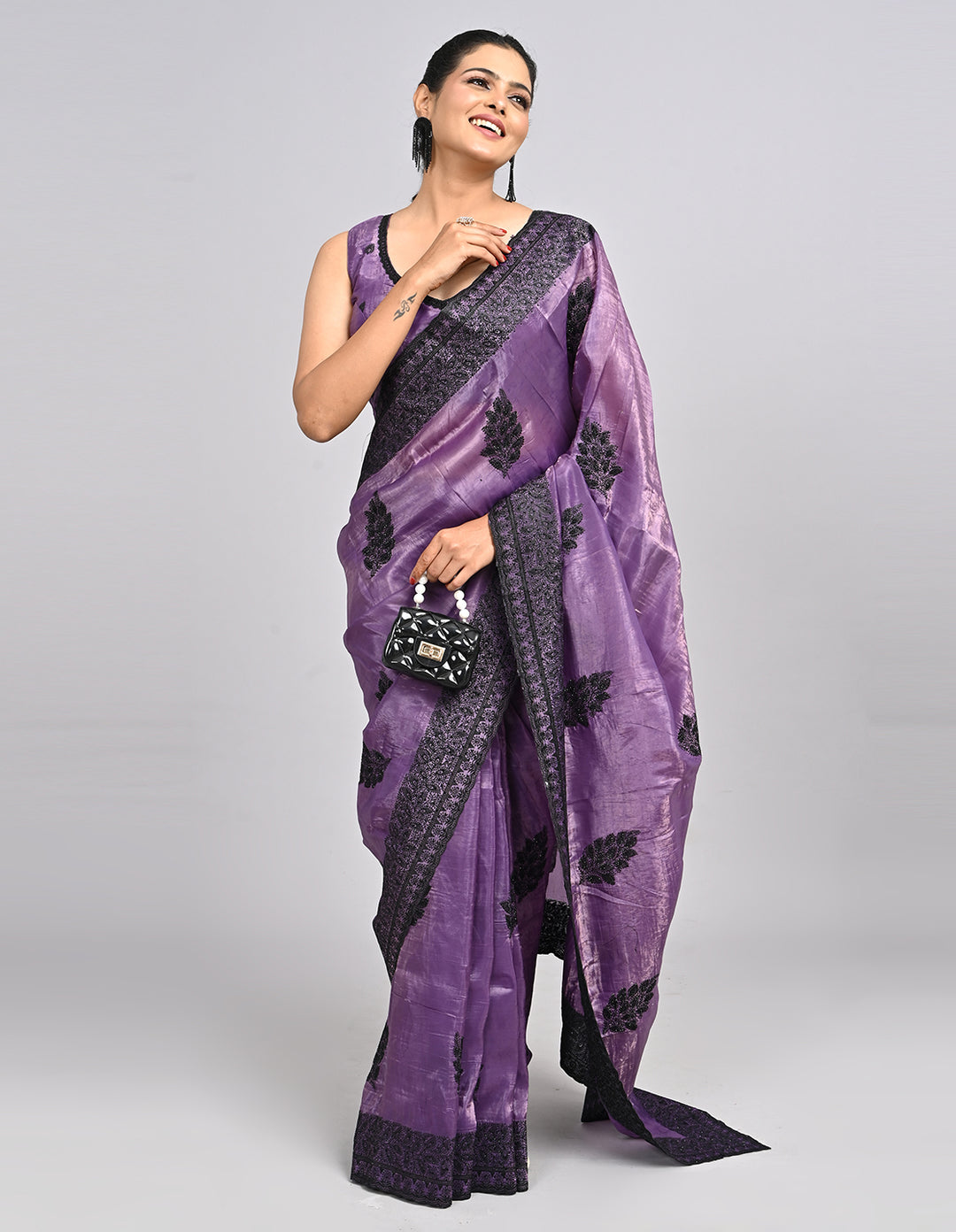 Keya – Purple Satin Saree with Intricate Thread Embroidery | Fazals
