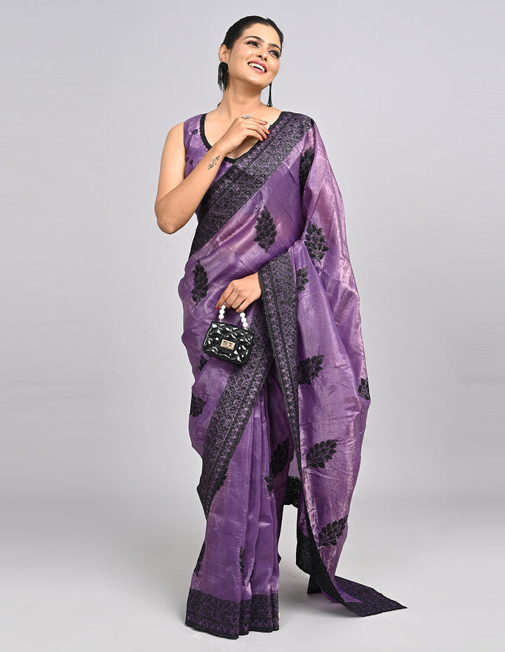 Keya – Purple Satin Saree with Intricate Thread Embroidery | Fazals