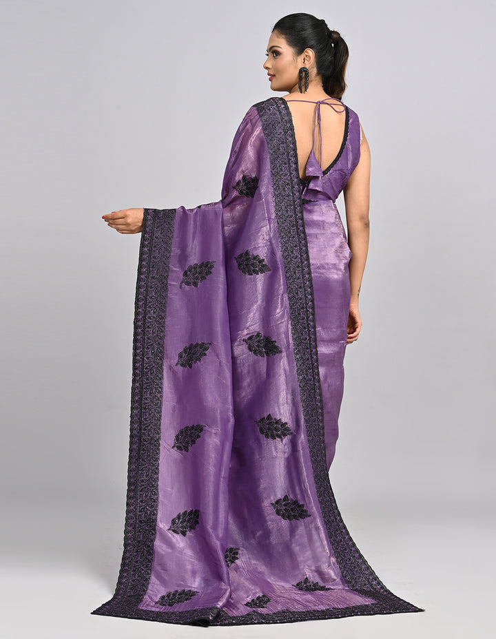 Keya – Purple Satin Saree with Intricate Thread Embroidery | Fazals