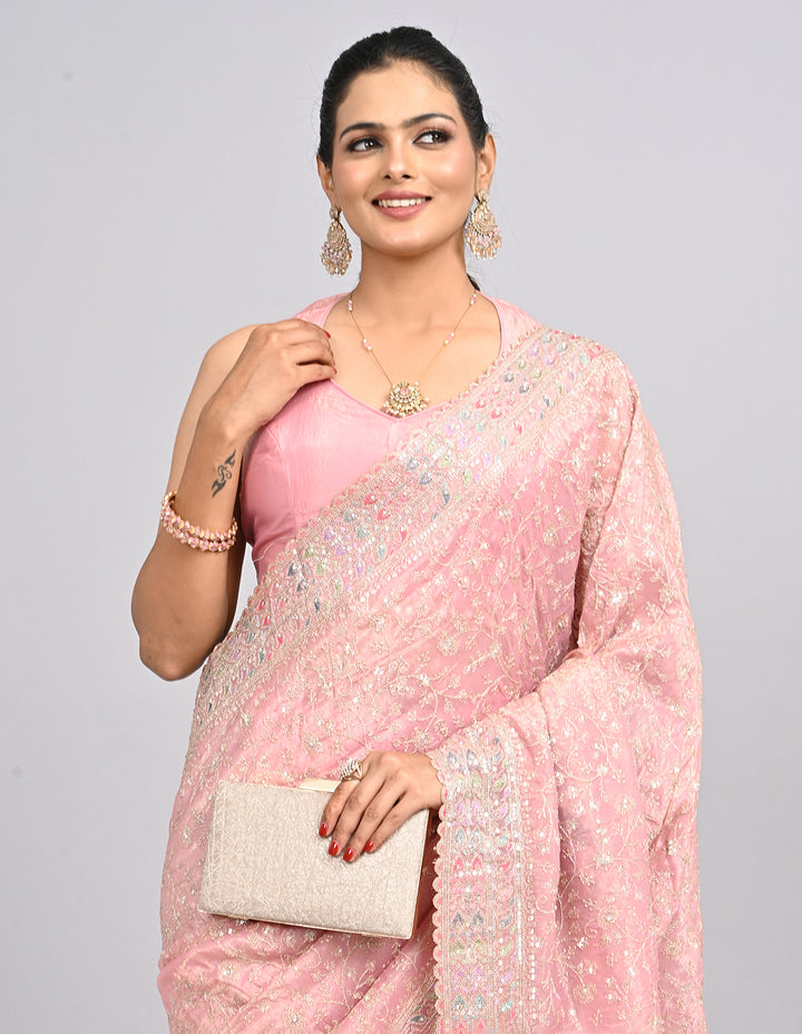 Inaayat – Pink Silk Saree with Zari & Sequin Embroidery | Fazals
