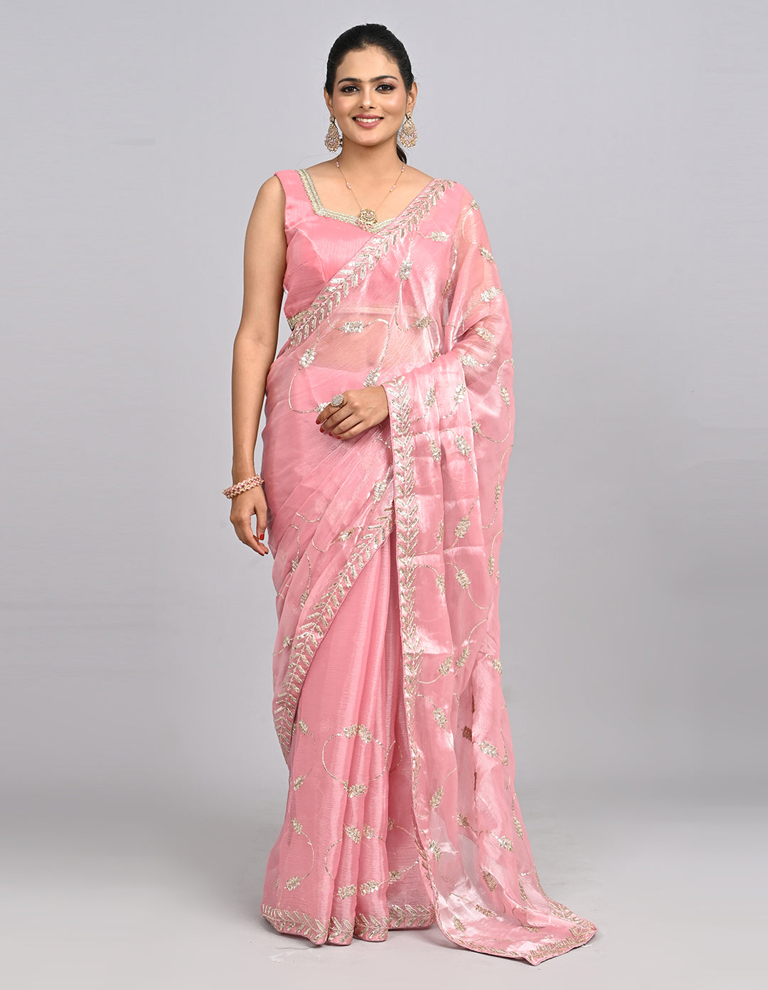 Samaira – Pink Tissue Saree with Sequin Embroidery & Self-Coloured Blouse | Fazals