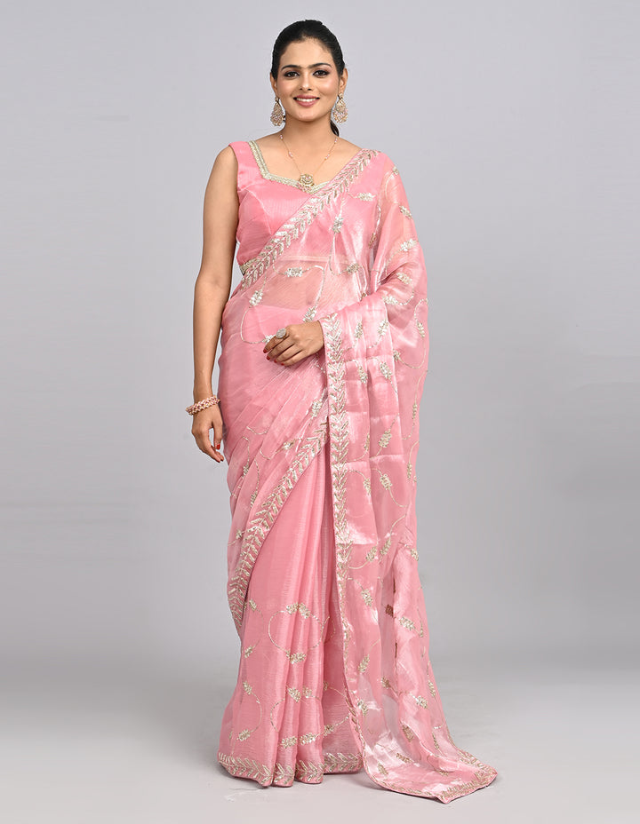 Samaira – Pink Tissue Saree with Sequin Embroidery & Self-Coloured Blouse | Fazals