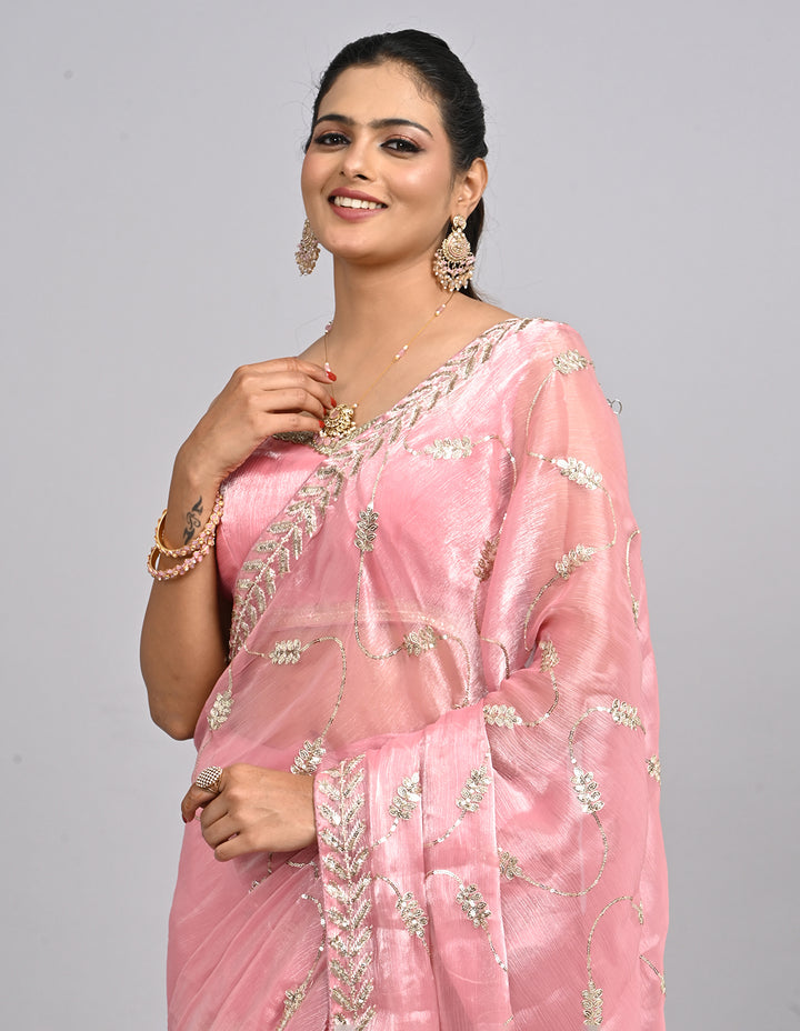 Samaira – Pink Tissue Saree with Sequin Embroidery & Self-Coloured Blouse | Fazals