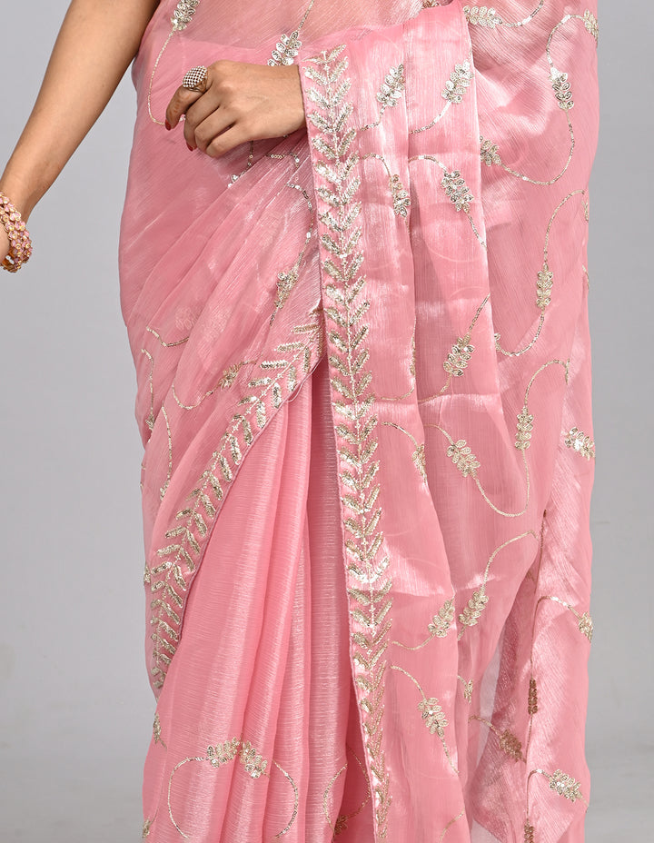 Samaira – Pink Tissue Saree with Sequin Embroidery & Self-Coloured Blouse | Fazals