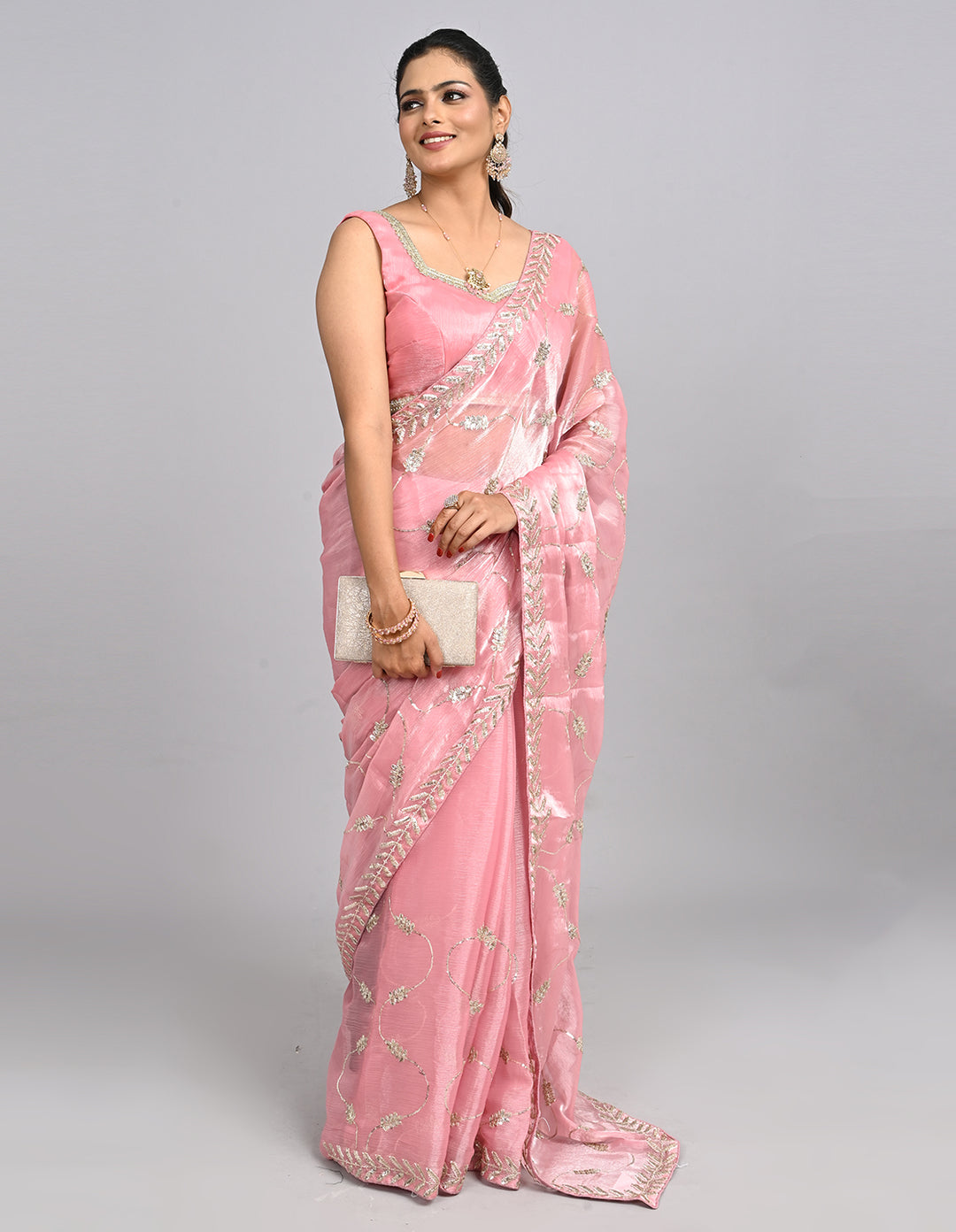 Samaira – Pink Tissue Saree with Sequin Embroidery & Self-Coloured Blouse | Fazals